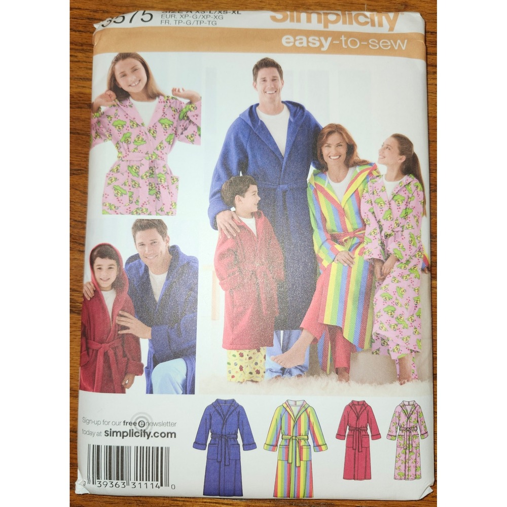 Simplicity 3575 Unisex Hooded Robe Sewing Pattern XS-XL Adult Kids Easy To Sew